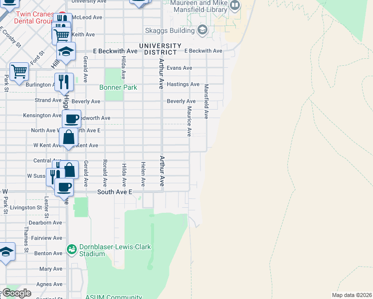 map of restaurants, bars, coffee shops, grocery stores, and more near 303 Sisson Mansfield in Missoula
