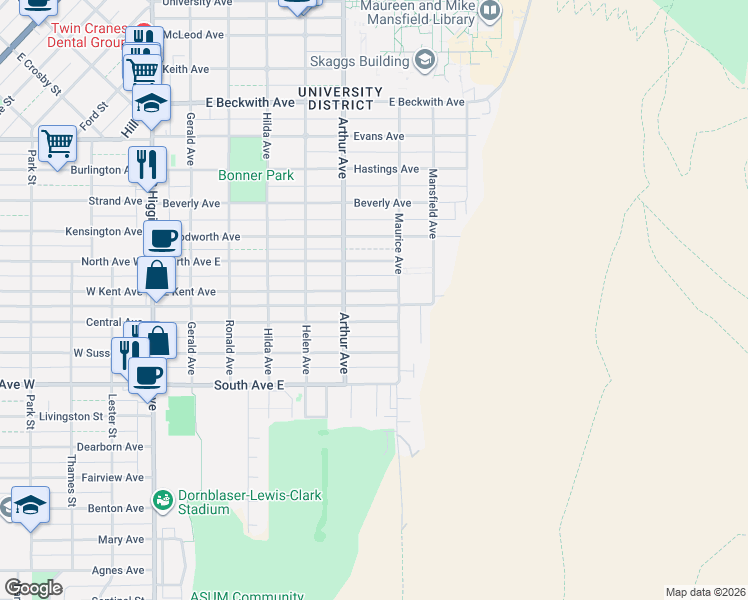 map of restaurants, bars, coffee shops, grocery stores, and more near 616 East Central Avenue in Missoula