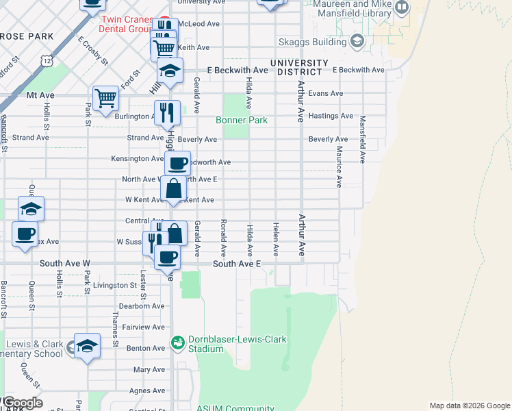 map of restaurants, bars, coffee shops, grocery stores, and more near 2101-2199 Hilda Avenue in Missoula