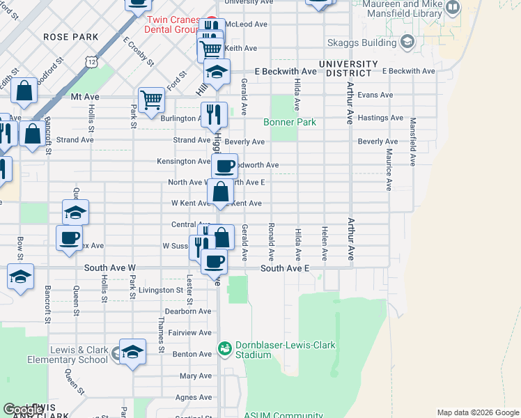 map of restaurants, bars, coffee shops, grocery stores, and more near 200 East Central Avenue in Missoula
