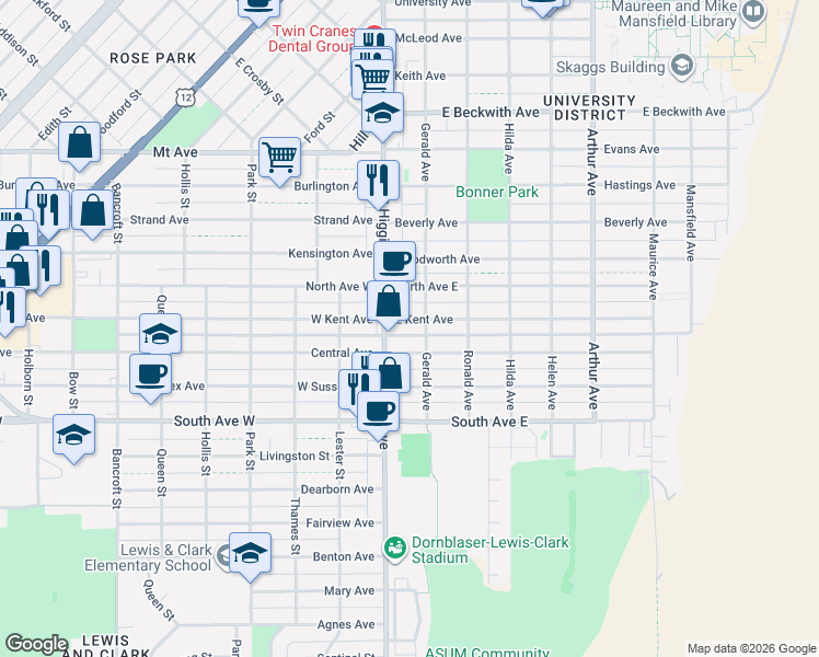 map of restaurants, bars, coffee shops, grocery stores, and more near 107 East Kent Avenue in Missoula