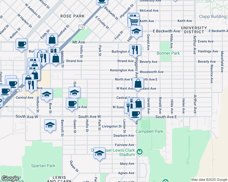 map of restaurants, bars, coffee shops, grocery stores, and more near 216 West Central Avenue in Missoula