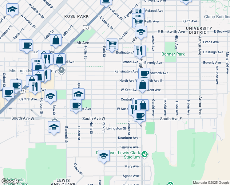 map of restaurants, bars, coffee shops, grocery stores, and more near 316 West Central Avenue in Missoula