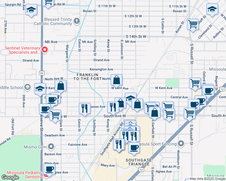 map of restaurants, bars, coffee shops, grocery stores, and more near 2118 Kemp Street in Missoula