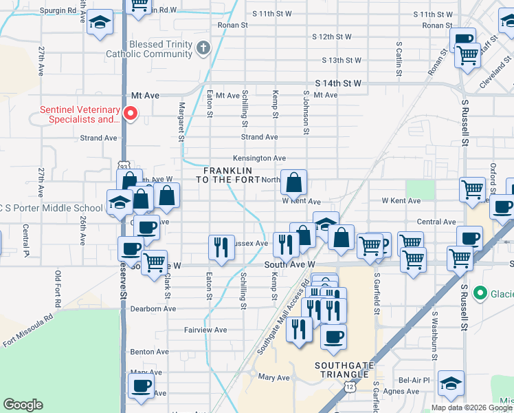 map of restaurants, bars, coffee shops, grocery stores, and more near 2126 West Central Avenue in Missoula