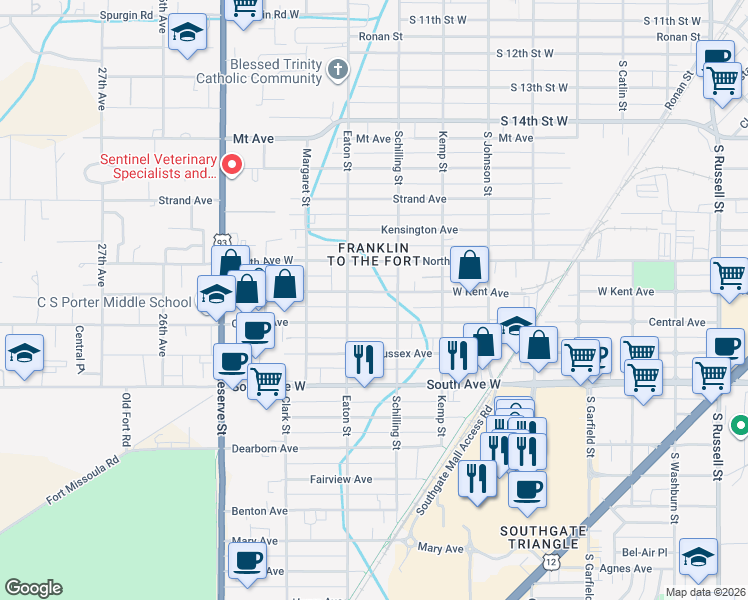 map of restaurants, bars, coffee shops, grocery stores, and more near 2224 West Central Avenue in Missoula
