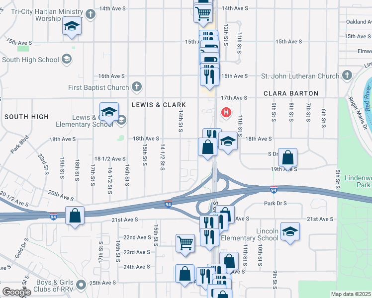 map of restaurants, bars, coffee shops, grocery stores, and more near 1822 14th Street South in Fargo