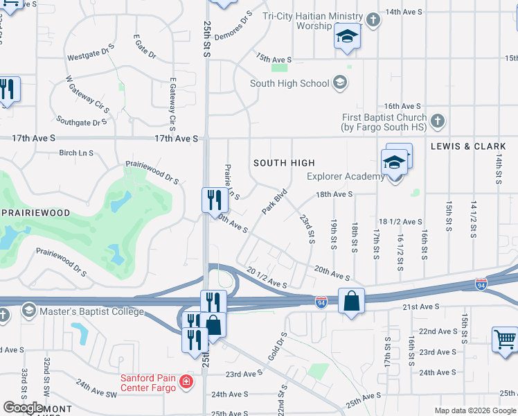 map of restaurants, bars, coffee shops, grocery stores, and more near 1826 Park Boulevard in Fargo