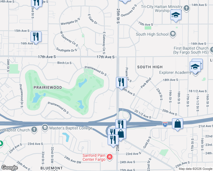 map of restaurants, bars, coffee shops, grocery stores, and more near 62 Prairiewood Dr S in Fargo
