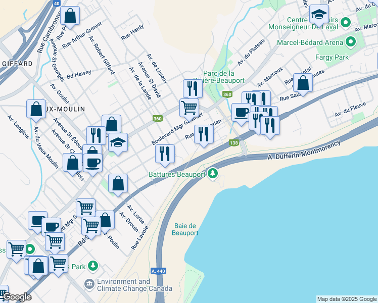 map of restaurants, bars, coffee shops, grocery stores, and more near 1910 Avenue Saint Ulric in Ville de Québec