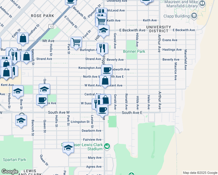 map of restaurants, bars, coffee shops, grocery stores, and more near 111 East Kent Avenue in Missoula