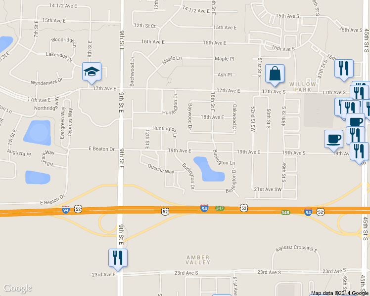 map of restaurants, bars, coffee shops, grocery stores, and more near 1516 19th Ave E in West Fargo