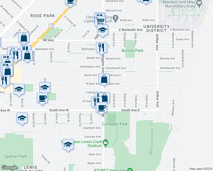 map of restaurants, bars, coffee shops, grocery stores, and more near 109 East Kent Avenue in Missoula