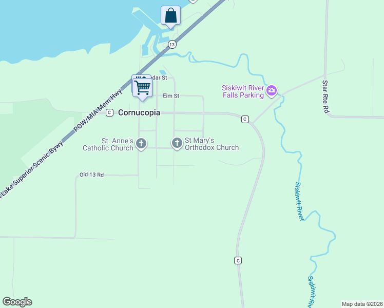 map of restaurants, bars, coffee shops, grocery stores, and more near 22715 Ash Street in Cornucopia