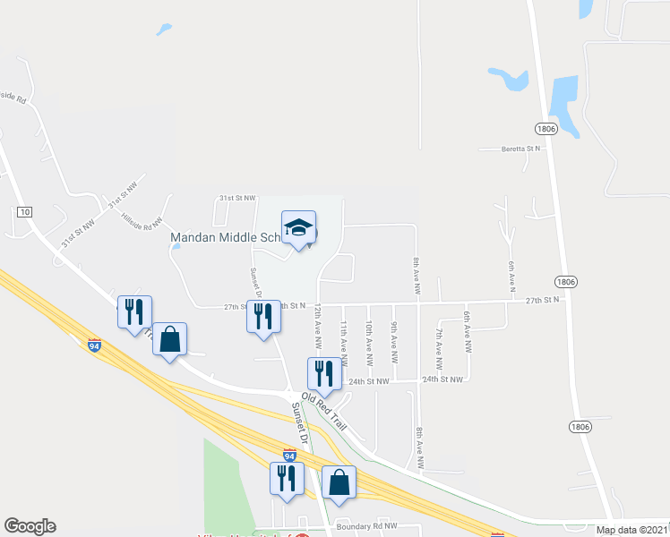map of restaurants, bars, coffee shops, grocery stores, and more near 2900 12th Avenue Northwest in Mandan