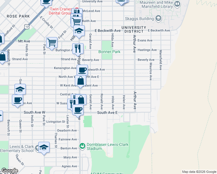 map of restaurants, bars, coffee shops, grocery stores, and more near 2101-2199 Hilda Avenue in Missoula