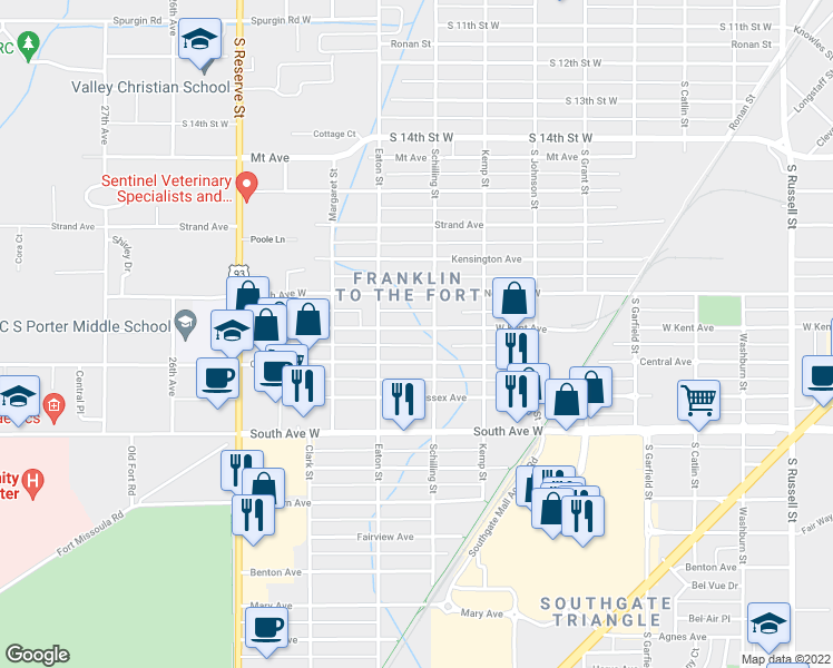 map of restaurants, bars, coffee shops, grocery stores, and more near 2235 1/2 West Kent Avenue in Missoula