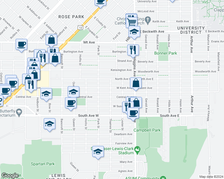 map of restaurants, bars, coffee shops, grocery stores, and more near 229 West Kent Avenue in Missoula