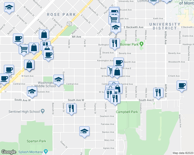 map of restaurants, bars, coffee shops, grocery stores, and more near 227 West Kent Avenue in Missoula