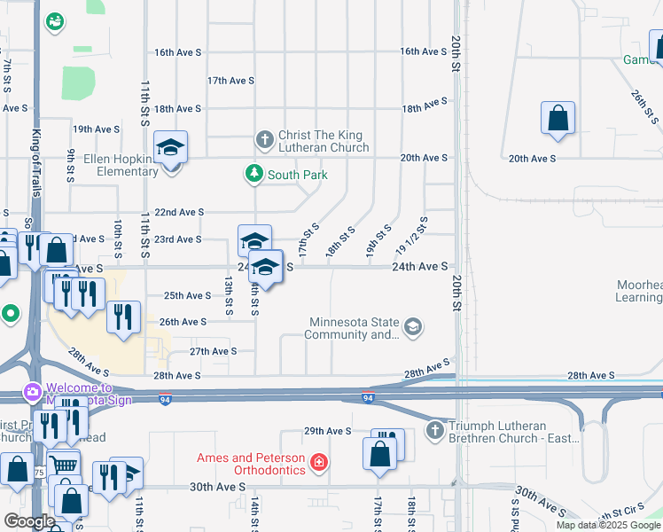 map of restaurants, bars, coffee shops, grocery stores, and more near 1715 24th Avenue South in Moorhead