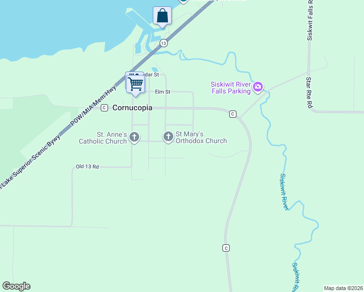 map of restaurants, bars, coffee shops, grocery stores, and more near 22715 Ash Street in Cornucopia