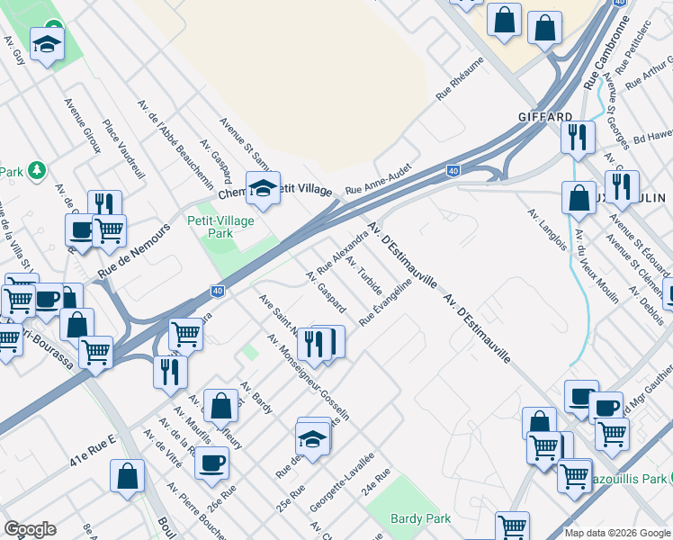 map of restaurants, bars, coffee shops, grocery stores, and more near 2788 Avenue Wilbrod in Québec