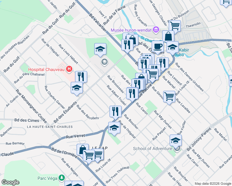 map of restaurants, bars, coffee shops, grocery stores, and more near 56 Rue Albert Trudel in Québec