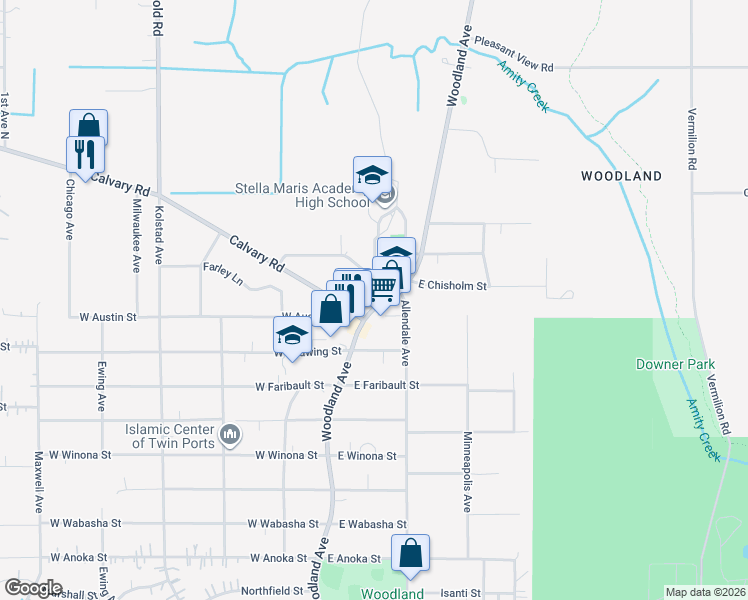 map of restaurants, bars, coffee shops, grocery stores, and more near 4119 Woodland Avenue in Duluth