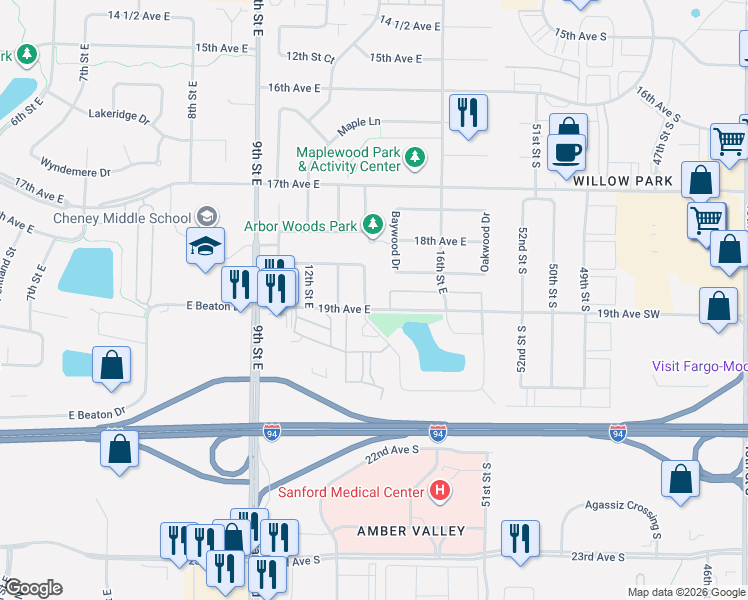 map of restaurants, bars, coffee shops, grocery stores, and more near 1516 19th Avenue East in West Fargo