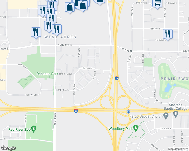 map of restaurants, bars, coffee shops, grocery stores, and more near 1821 39th Street South in Fargo