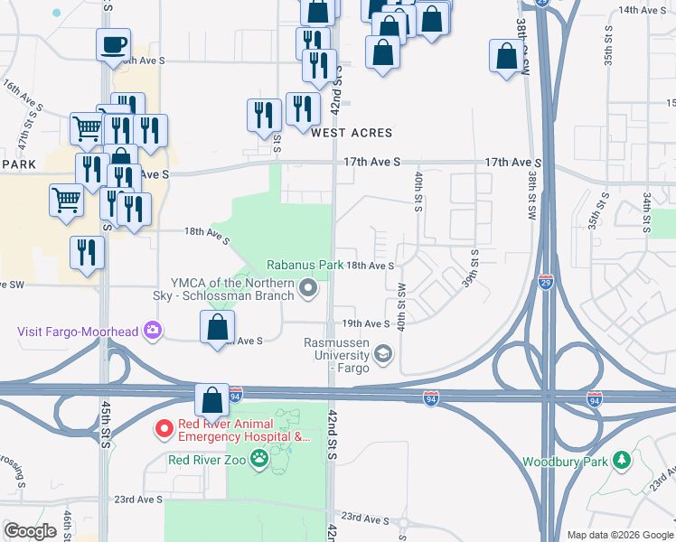 map of restaurants, bars, coffee shops, grocery stores, and more near 1810 42nd Street South in Fargo