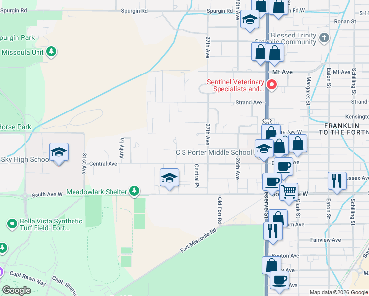map of restaurants, bars, coffee shops, grocery stores, and more near 2744-2788 Central Avenue in Missoula
