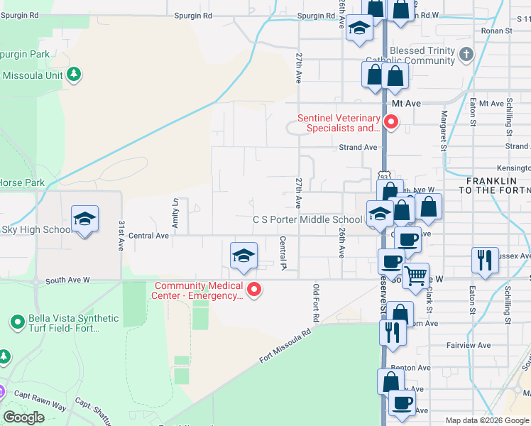 map of restaurants, bars, coffee shops, grocery stores, and more near 2744-2788 Central Avenue in Missoula