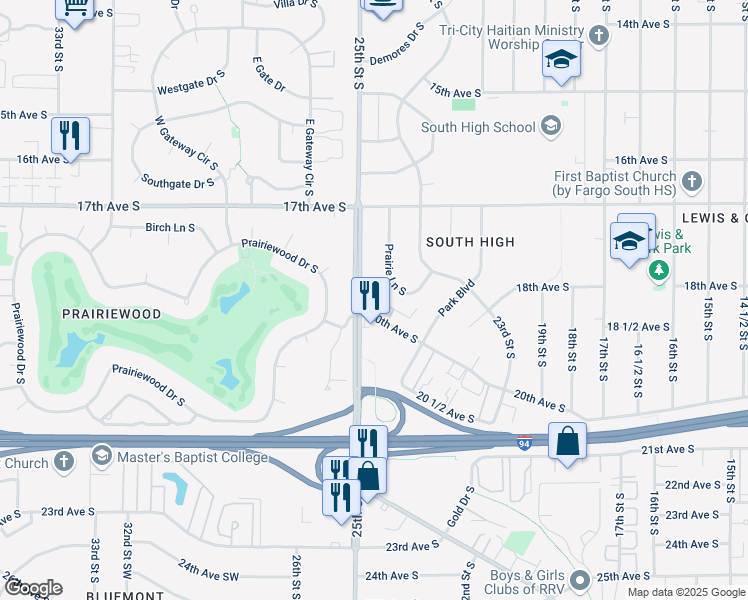 map of restaurants, bars, coffee shops, grocery stores, and more near 2002 25th Street South in Fargo
