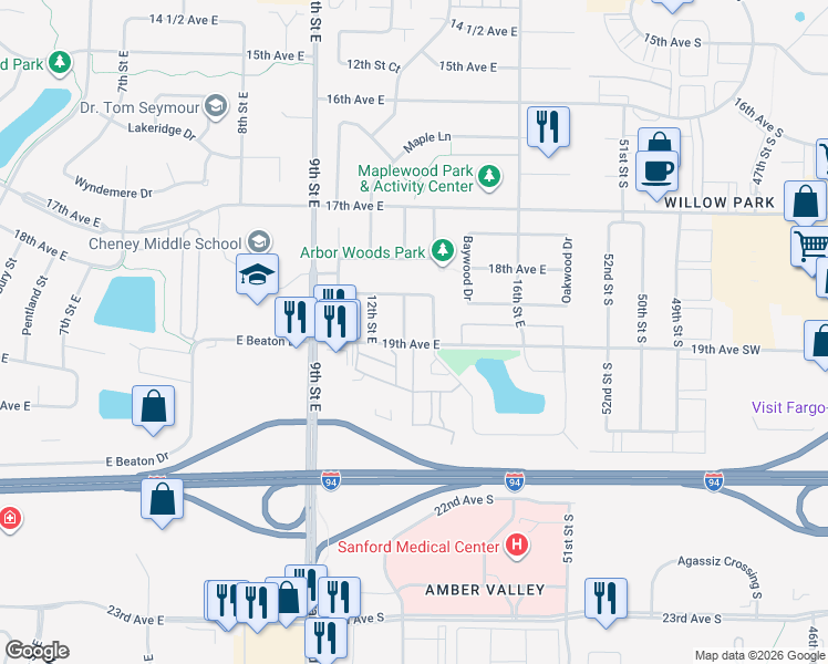 map of restaurants, bars, coffee shops, grocery stores, and more near 1912 Times Square Way in West Fargo