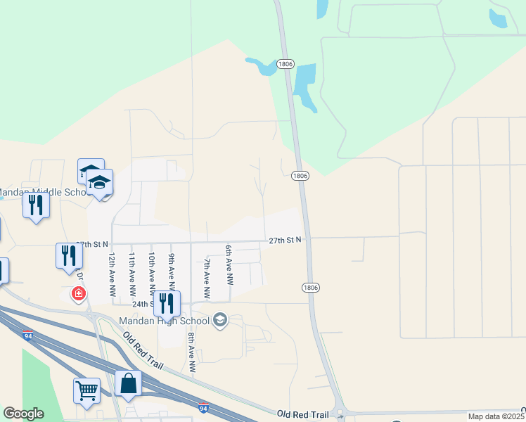 map of restaurants, bars, coffee shops, grocery stores, and more near 6th Avenue North in Mandan