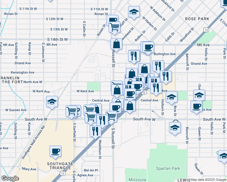 map of restaurants, bars, coffee shops, grocery stores, and more near 2100 South Russell Street in Missoula