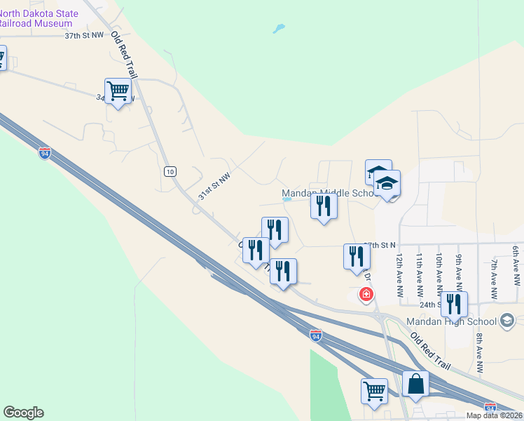 map of restaurants, bars, coffee shops, grocery stores, and more near 3101 Viewpoint Lane Northwest in Mandan