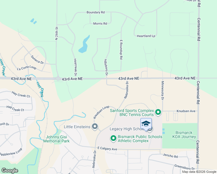 map of restaurants, bars, coffee shops, grocery stores, and more near 3105 43rd Avenue Northeast in Bismarck