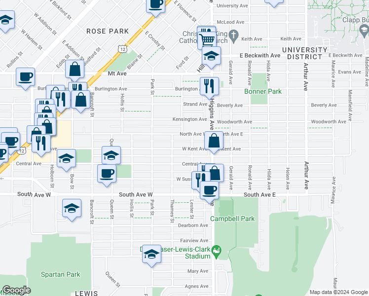 map of restaurants, bars, coffee shops, grocery stores, and more near 216 West Central Avenue in Missoula