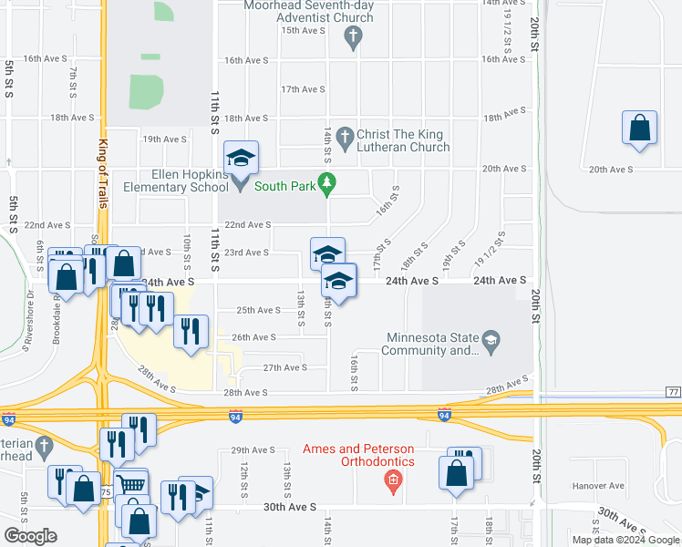 map of restaurants, bars, coffee shops, grocery stores, and more near in Moorhead