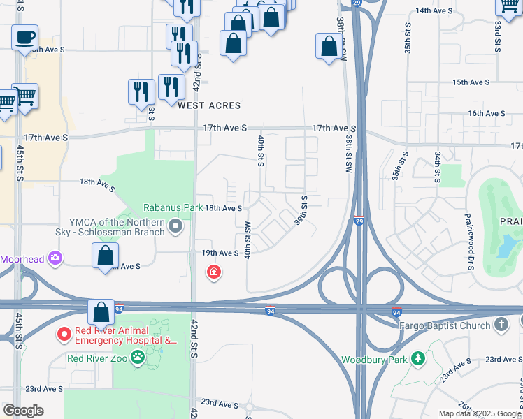 map of restaurants, bars, coffee shops, grocery stores, and more near 1820 40th Street South in Fargo