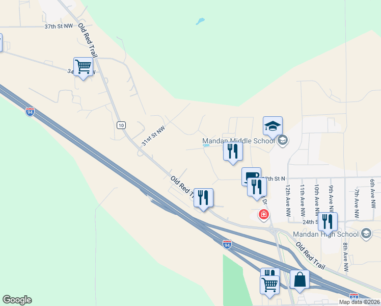 map of restaurants, bars, coffee shops, grocery stores, and more near 3101 Viewpoint Lane Northwest in Mandan