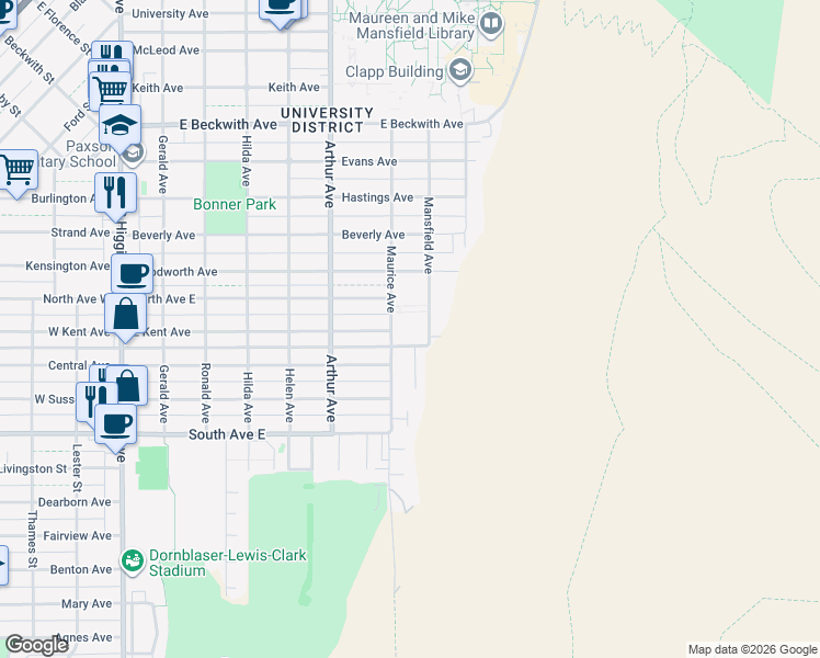 map of restaurants, bars, coffee shops, grocery stores, and more near 2000 Maurice Avenue in Missoula