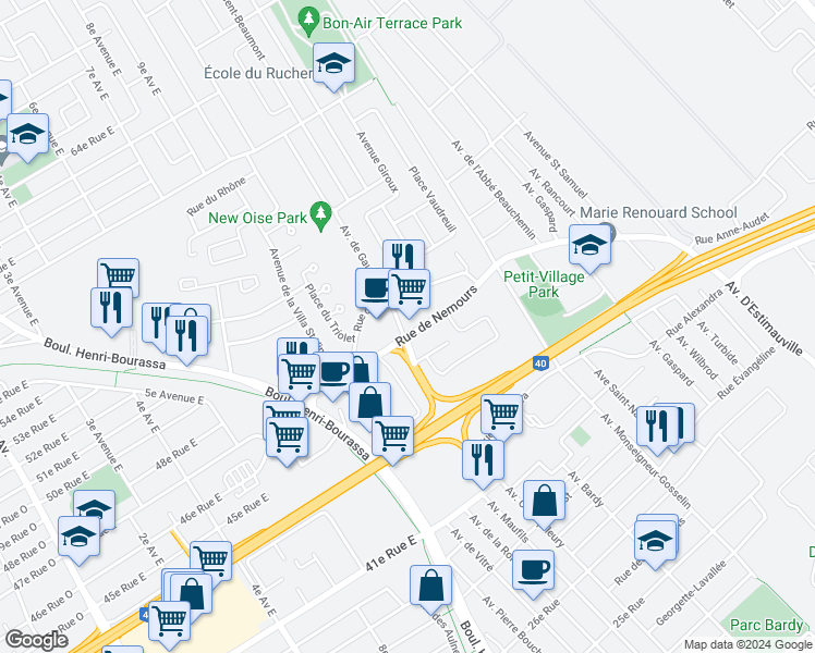 map of restaurants, bars, coffee shops, grocery stores, and more near 4600 Avenue de Gaulle in Québec