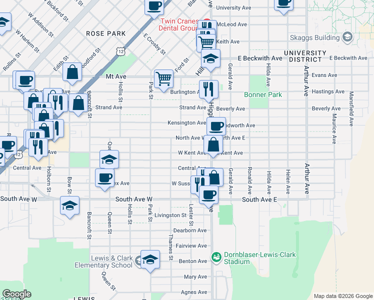 map of restaurants, bars, coffee shops, grocery stores, and more near 216 West Central Avenue in Missoula