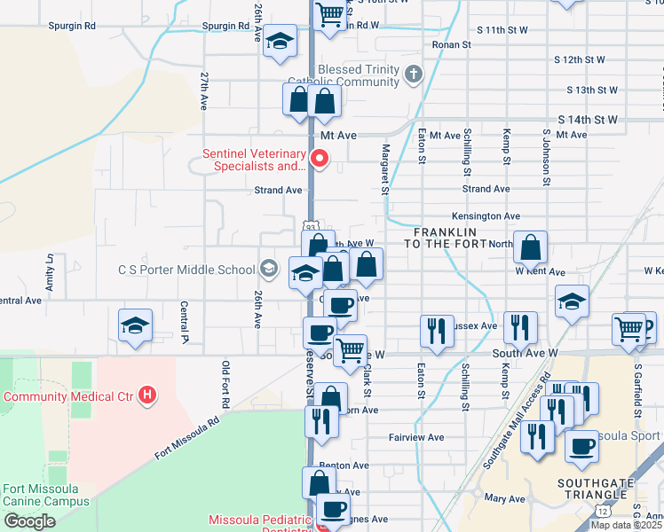 map of restaurants, bars, coffee shops, grocery stores, and more near 2436 Central Avenue in Missoula