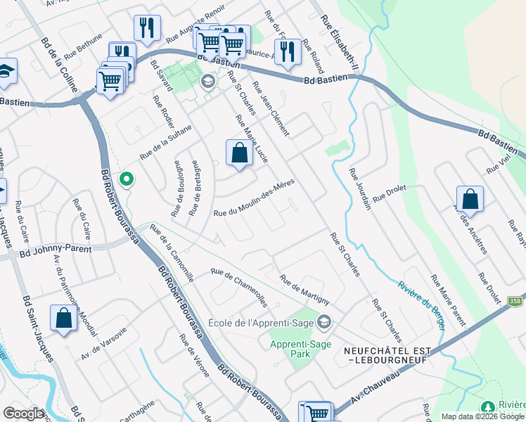 map of restaurants, bars, coffee shops, grocery stores, and more near 9917 Carré de Bergerac in Québec