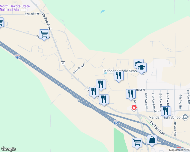 map of restaurants, bars, coffee shops, grocery stores, and more near 3101 Viewpoint Lane Northwest in Mandan