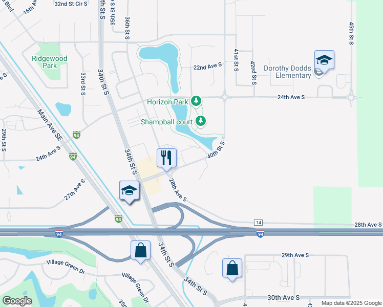 map of restaurants, bars, coffee shops, grocery stores, and more near 2725 40th Street South in Moorhead